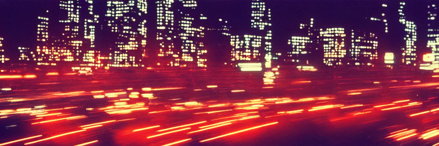 Image similar to 8 0 s neon movie still, portrait of high speed blurred traffic by the river with city in background, medium format color photography, movie directed by kar wai wong, hyperrealistic, photorealistic, high definition, highly detailed, tehnicolor, anamorphic lens