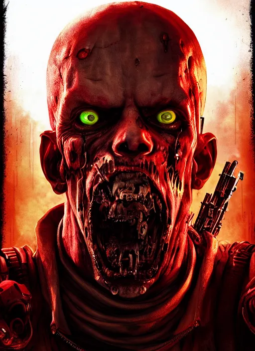 Image similar to cyberpunk portrait of zombie devil from doom, au naturel, hyper detailed, digital art, trending in artstation, cinematic lighting, studio quality, smooth render, unreal engine 5 rendered, octane rendered, art style by pixar dreamworks warner bros disney riot red dead redemption far cry doom cyberpunk 2 0 7 7 riot games and borderlands.