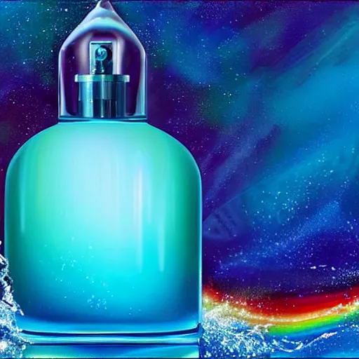 Prompt: advertisement for a blue perfume bottle surrounded by turquoise water droplet and galactic waves, textless, lonely world still shining through faintly rainbow led lights, beautiful surreal scenery artwork, soul dust, unthinkable dream sublime god lighting, sun rays, cold colors, insanely detailed, artstation!! pixiv!! infinitely detailed