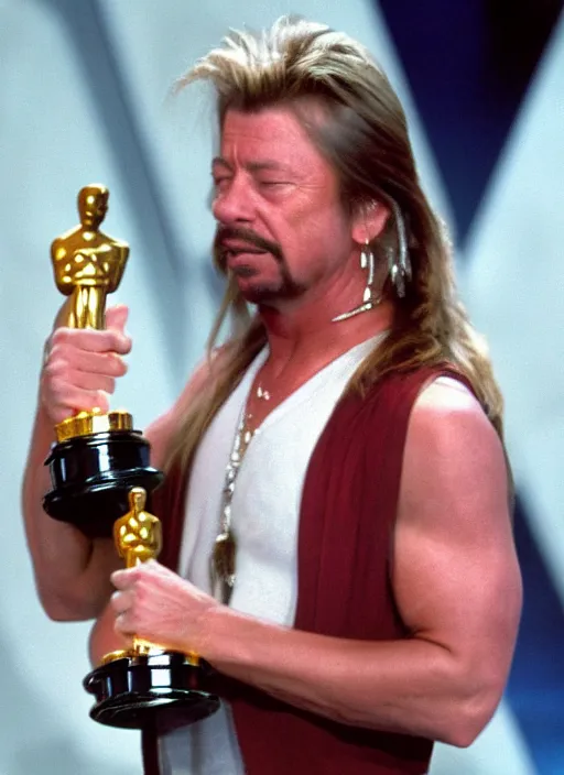 Image similar to an ultra realistic photograph of Joe Dirt winning an oscar, highly detailed, 8k photo