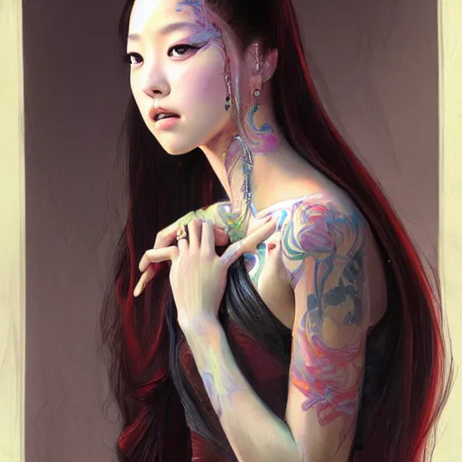 Image similar to a painting of jisoo of blackpink in the style of donato giancola, and in the style of charlie bowater, and in the style of jules ferdinand jacquemart. symmetry, smooth, sharp focus, semi - realism.