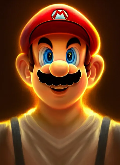 Image similar to portrait of super mario, intricate, elegant, glowing lights, highly detailed, digital painting, artstation, concept art, smooth, sharp focus, illustration, art by wlop, mars ravelo and greg rutkowski