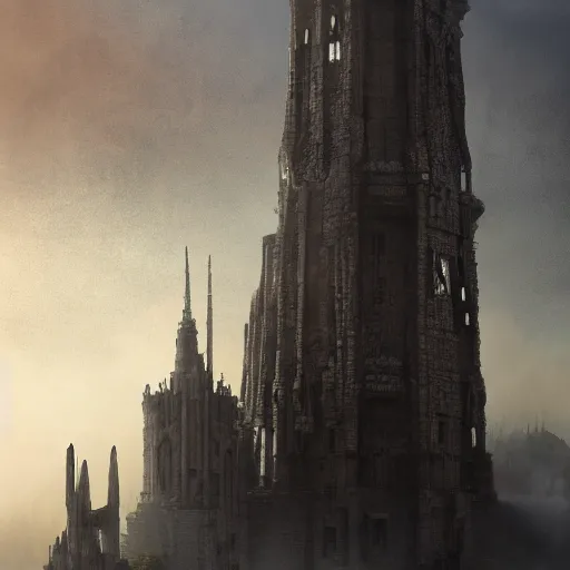 Prompt: * * one gigantic brutalist ancient tower, a detailed structure with at the top 3 spires in form of a trident, 1 0 0 0 meters tall set against sunlit, surrounded by smoke, mountains and a huge old city, 8 k, volumetric lighting, cinematic composition, octane render, dark surrealism, highly detailed by peter mohrbacher