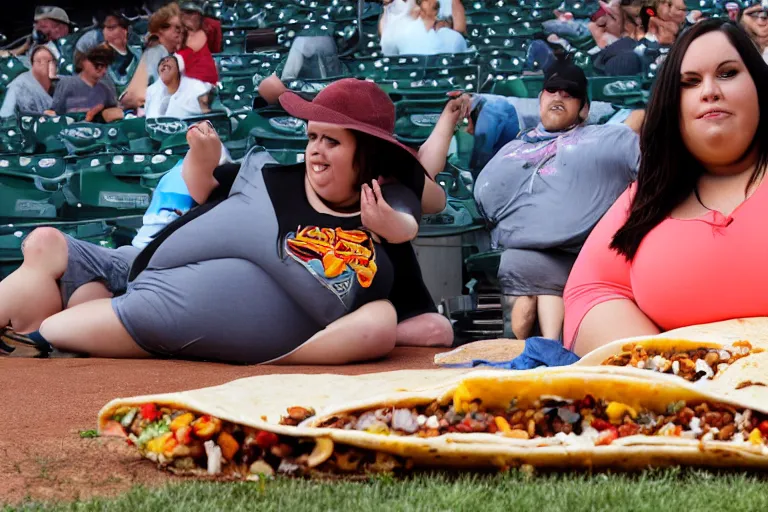 Image similar to obese woman eating a giant burrito sitting at a baseball game, photograph,