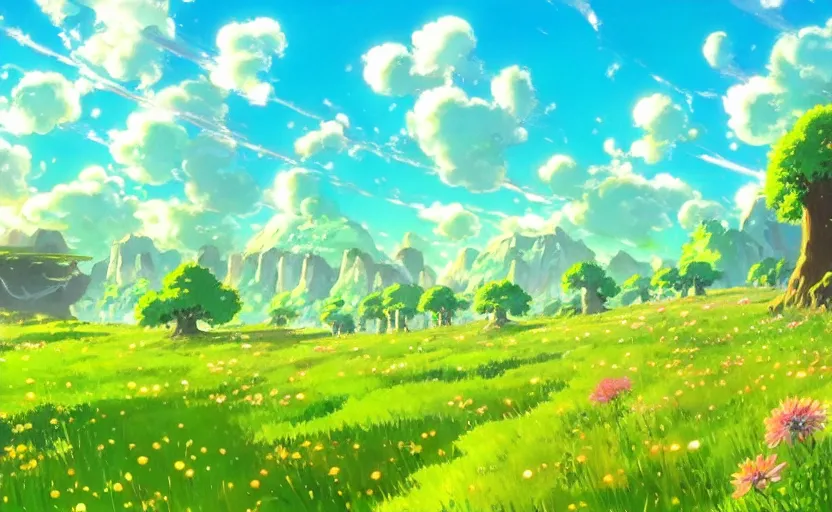 Image similar to fantastic anime sunny meadow with flowers, lone old Oak in the middle plane and mountains on the background, by Hayao Miyazaki, Nausicaa, Ghibli, Breath of the wild, Anime wallpaper