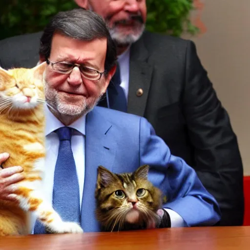 Prompt: mariano rajoy petting kitties, realistic, 4k,