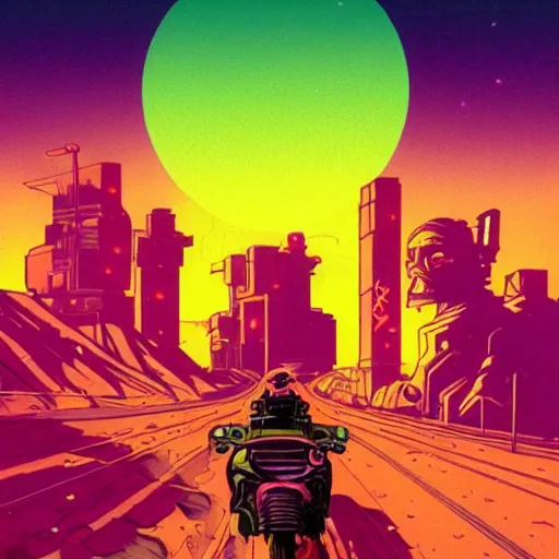 Prompt: a desert highway, midnight, synthwave colors, cyberpunk, an illustration by mark mignola