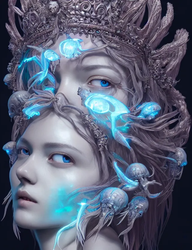 Image similar to symmetrical, centered, zbrush sculpt of goddess close-up portrait wigh crown made of skulls. phoenix betta fish, phoenix, bioluminiscent creature, super intricate ornaments artwork by Tooth Wu and wlop and alena aenami and greg rutkowski