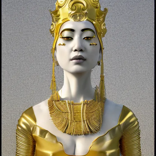 Image similar to a statue made of white marble with gold veins, of an beautiful japanese bellydancer, perfect symmetrical body, perfect symmetrical face, no eyes, hyper realistic, hyper detailed, fujicolor superia 1 6 0 0 photo, full body shot, by peter kemp, by monia merlo octane render, blender, 8 k