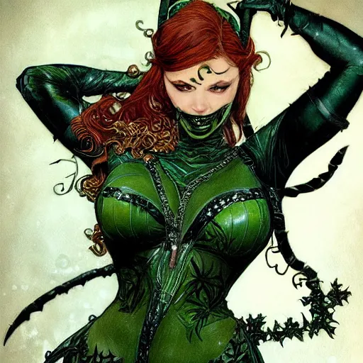 Image similar to a beautiful painting of poison ivy dressed as catwoman, leather armored, dark eyeliner, intricate, elegant, highly detailed, digital painting, artstation, concept art, matte, sharp focus, illustration, art byby rebecca guay and by arthur rackham and by alphonse mucha and by john william waterhouse, comic book style!!