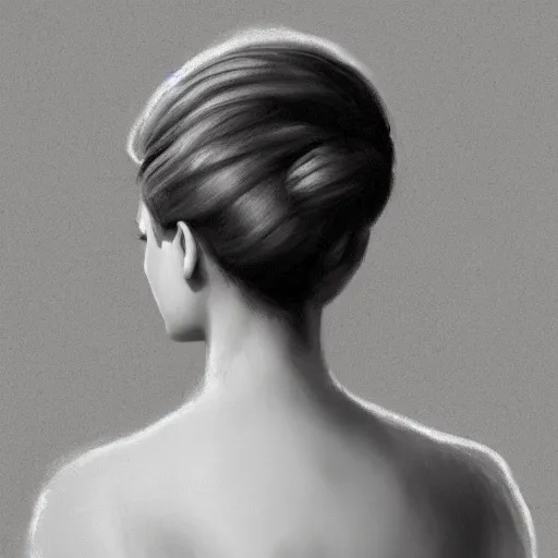 Prompt: Emma Watson in a classical dress, photographed from the back, looking backwards, artstation, concept art