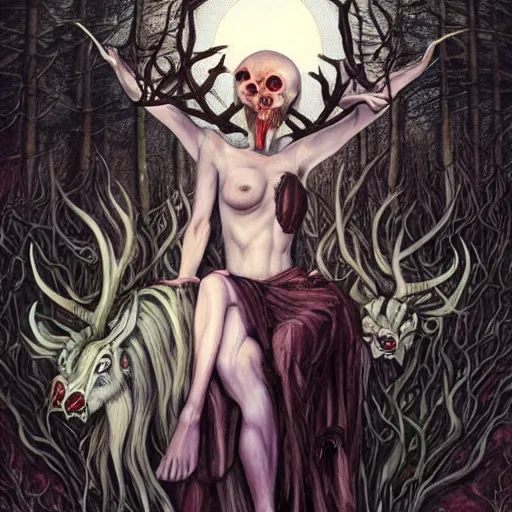 Image similar to an epic horrific wiccan gothic painting of a mother - nature witch cult woman wearing a deer skull, in a moonlit forest by gerald brom by junji ito by vanessa lemen by charlie bowater