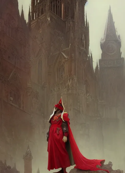 Image similar to A Full View of a Red Wizard wearing a robe and ornate armor in front of a gothic tower. masterpiece 4k digital illustration by Ruan Jia and Mandy Jurgens and Artgerm and greg rutkowski and Alexander Tsaruk and WLOP and william-adolphe bouguereau, award winning, Artstation, art nouveau aesthetic, Alphonse Mucha background, intricate details, realistic, panoramic view, Hyperdetailed, 8k resolution, intricate art nouveau