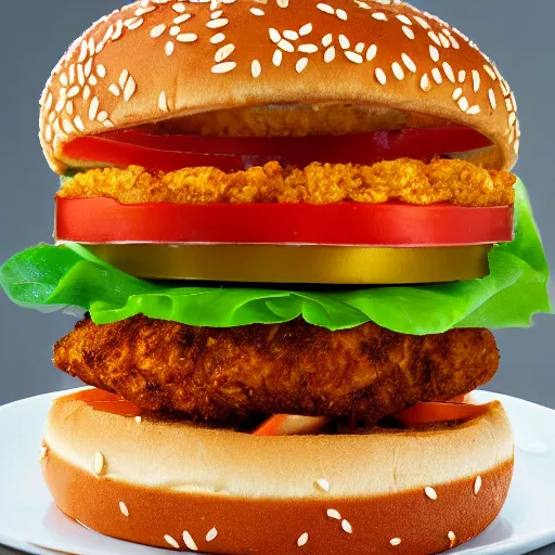 Prompt: a spicy crispy chicken burger, food photography, detailed, yum, fast food