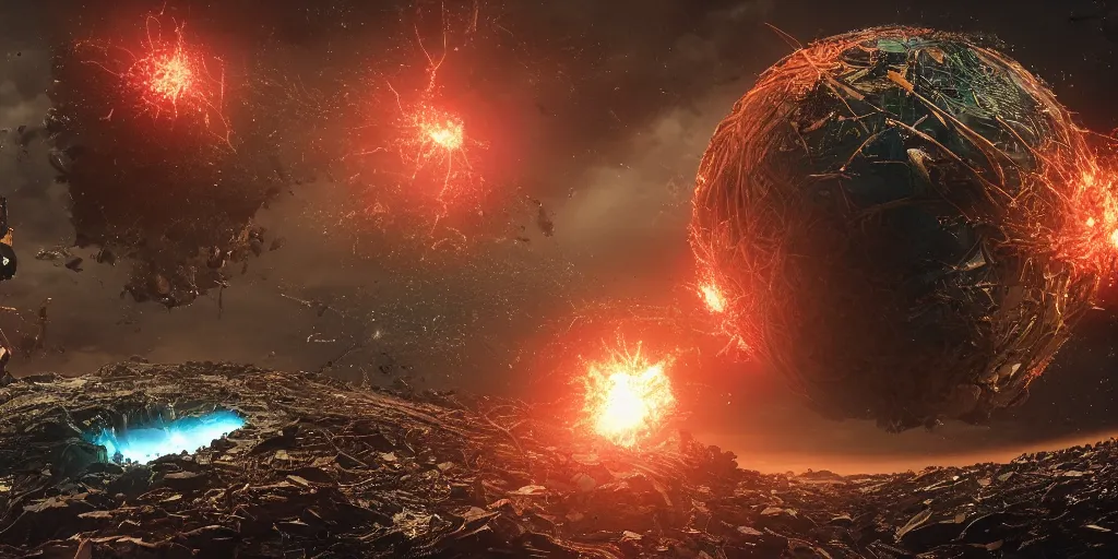 Prompt: view from 2 5 0 million miles in distance. a highly accurate depiction of earth slowly breaking apart, exploding, pieces are floating. florida cyberpunk crab descendants bigger than the earth are crushing it in their massive claws. dramatic lighting, highly coherent, highly detailed, epic, digital art, valerian, silent running, fifth element, octane 3 d render.