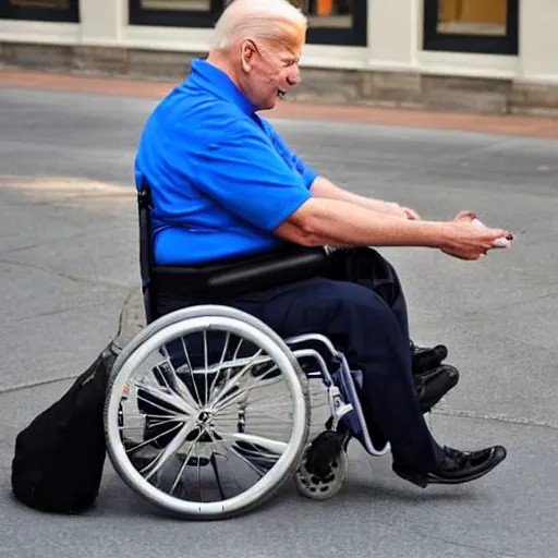 Image similar to obese joe biden sitting in a wheelchair, licking icecream