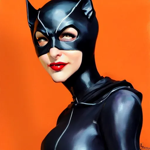 Image similar to Greg Manchess portrait painting of Catwoman as Overwatch character, medium shot, asymmetrical, profile picture, Organic Painting, sunny day, Matte Painting, bold shapes, hard edges, street art, trending on artstation, by Huang Guangjian and Gil Elvgren and Sachin Teng