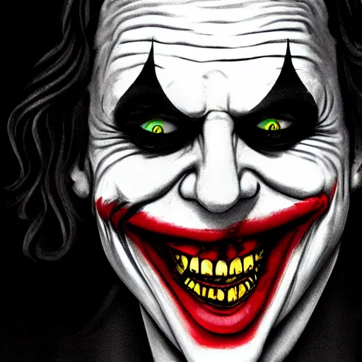 Image similar to joker, smiling, unnatural grin, horror, creepy, smoke, black, dark, glow