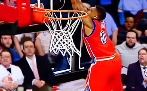 Prompt: elmo dunking over russell westbrook, nba broadcast