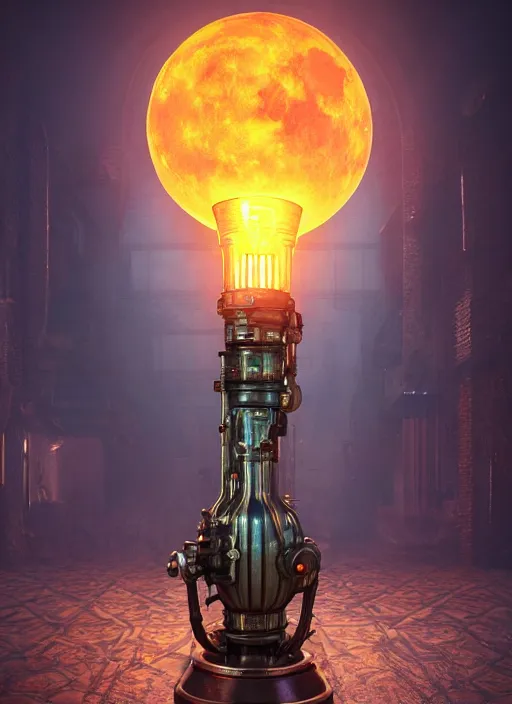 Image similar to steampunk lavalamp, intricate detail, volumetric lighting, epic composition, hyper detailed, ultra realistic, sharp focus, octane render, blue moon, volumetric, ray tracing, artstation trending, cgsociety, sense of awe, swirling mist, 4 k