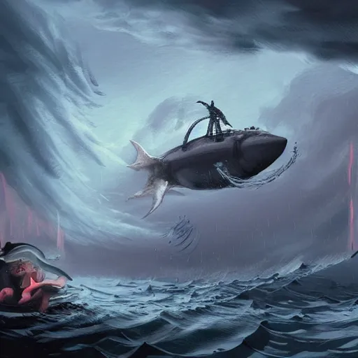 Prompt: concept art of the submarine Nautilus fighting against the giant squid during a storm in the sea, thunders and rain in background, 2d, dark, omnious, stormy, emotive, ornated, accurate, elaborate, illustration, digital art, concept art, trending on Art Station, art by Oliver Beck and 黄彦捷,