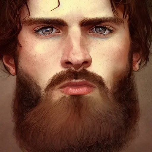 Prompt: portrait of a rugged ranger, 25 years old, beard, male, masculine, upper body, red hair, long hair, soft hair, D&D, fantasy, intricate, elegant, highly detailed, digital painting, artstation, concept art, matte, sharp focus, illustration, art by Artgerm and Greg Rutkowski and Alphonse Mucha