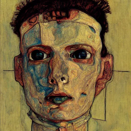 Image similar to portrait of a robot by egon schiele in the style of greg rutkowski