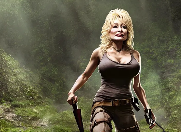 Image similar to film still of!!!! dolly parton!!! as lara croft in new tomb raider movie, 8 k