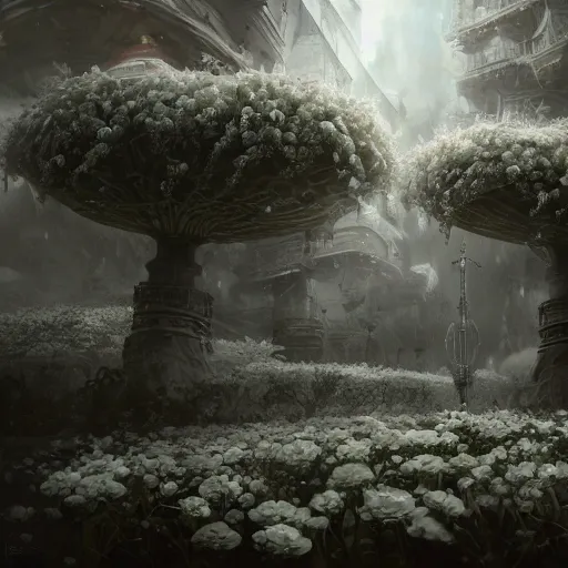 Image similar to intricate white bio - mechanical flowers, intricate environment, matte painting, cinematic, epic composition, highly detailed, atmospheric, wide angle, artstation trending