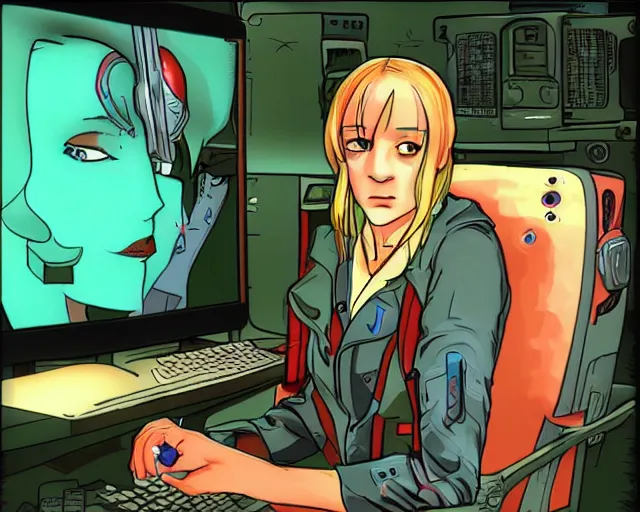 Prompt: Chloe Sevigny in a cyberpunk PC-98 visual novel