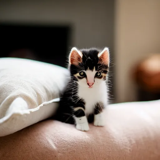 Image similar to A cute little kitten sits on the top of a plush heart-shaped pillow near fireplace, Canon EOS R3, f/1.4, ISO 200, 1/160s, 8K, RAW, unedited, symmetrical balance, in-frame