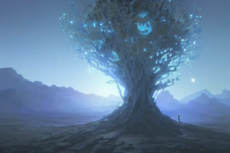 Prompt: the world tree glowing blue in a large desert at night, highly detailed, digital painting, artstation, concept art, smooth, sharp focus, illustration, art by artgerm and greg rutkowski and alphonse mucha