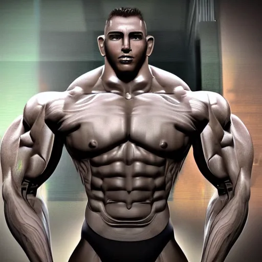 Image similar to a realistic detailed photo of a bodybuilder who is also a male android Chris Redfield, shiny skin, posing robotically, blank stare