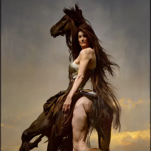 Image similar to hyperrealist portrait of sandra bullock as lady godiva. by jeremy mann and alphonse mucha, fantasy art, photo realistic, dynamic lighting, artstation, poster, volumetric lighting, very detailed faces, 4 k, award winning