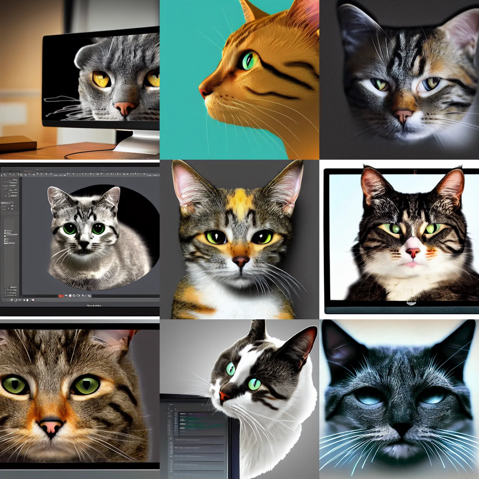 Prompt: digital art of a cat merged into a computer monitor