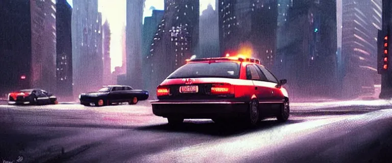 Image similar to Audi A4 B6 Avant (2002) chased by NYPD cop cars, a gritty neo-noir, dramatic lighting, cinematic, establishing shot, extremely high detail, photorealistic, cinematic lighting, artstation, by simon stalenhag, Max Payne (PC) (2001) winter new york at night, eldritch horror