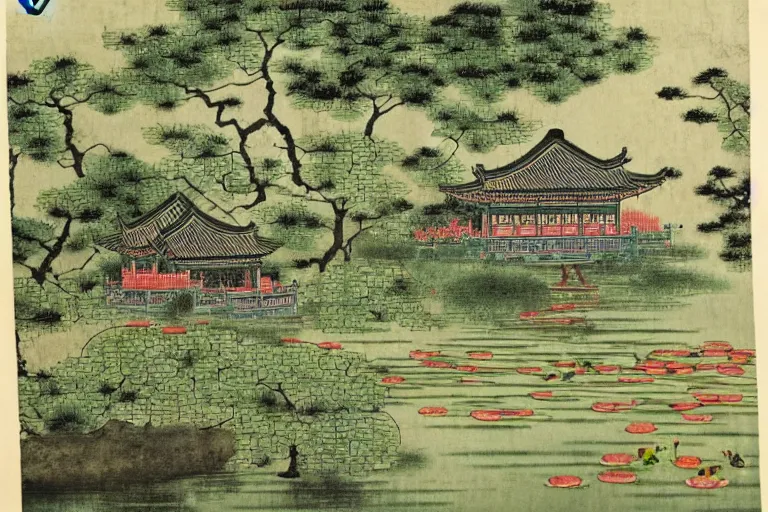 Image similar to a two - floor traditional chinese wood house in a serene landscape, waterlily pond, chinese shanshui painting, bright color