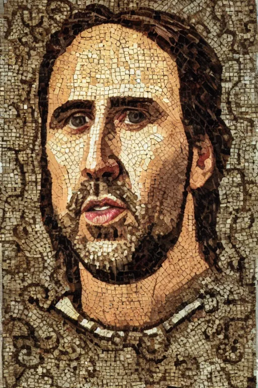 Prompt: Portrait of Nicholas Cage as a roman mosaic, 200 AD