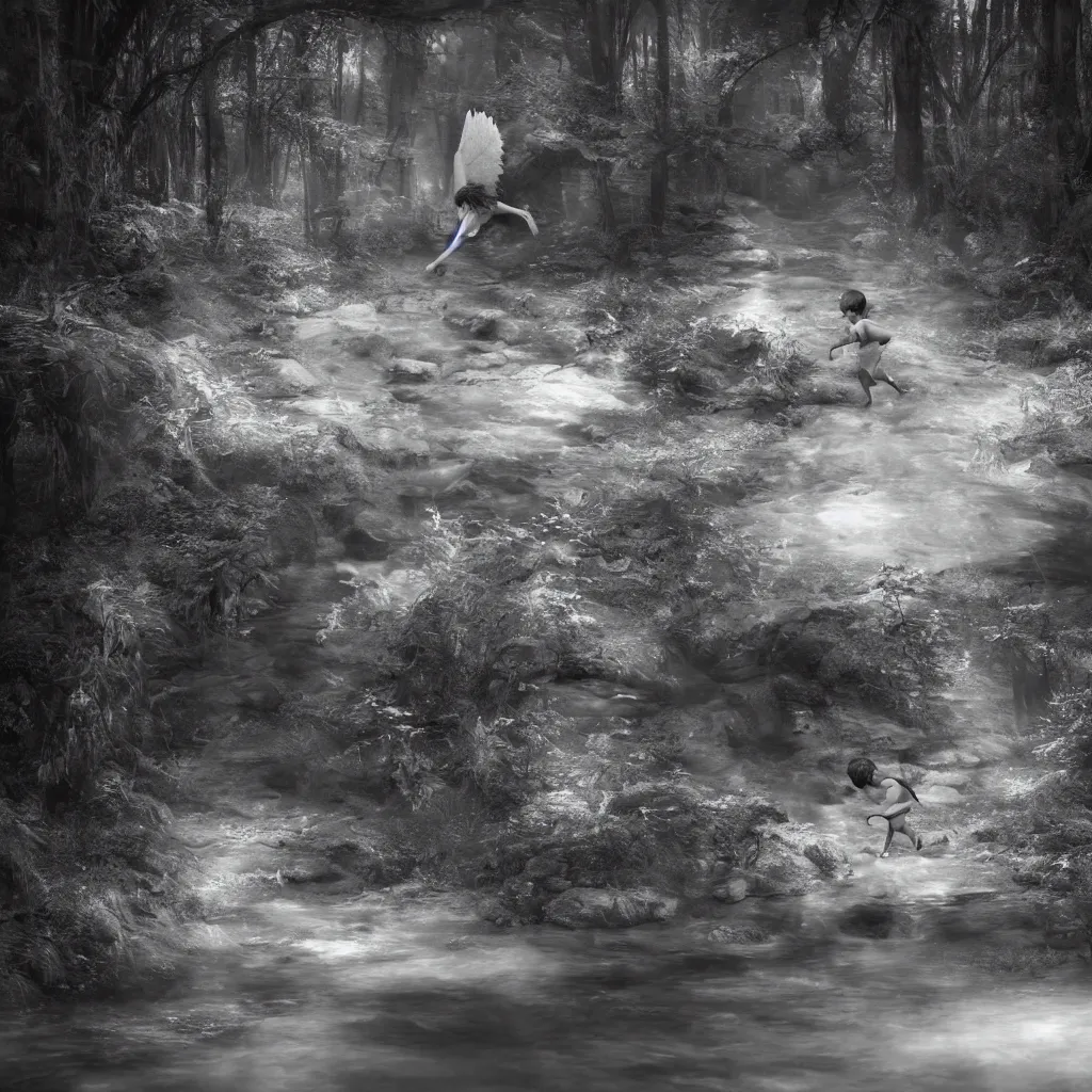Prompt: an angel chasing a child through a creek in the woods, bad dream, hazy memory, volumetric, hyper realistic, octane render, dark black and white in the style of alvin schwartz, epic angles