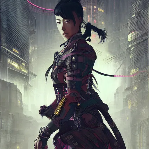 Image similar to cyberpunk samurai ,with techware , D&D, intricate, elegant, highly detailed, digital painting, japanese , altered carbon style,trending on artstation, concept art, illustration, art by Artgerm and Greg Rutkowski and Alphonse Mucha