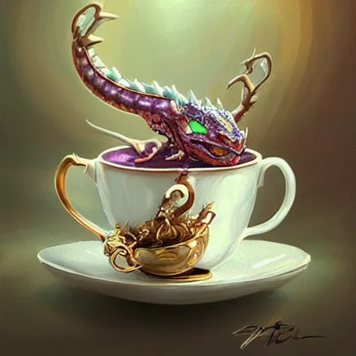 Prompt: tiny jeweled dragon sitting in a teacup, painting by artgerm