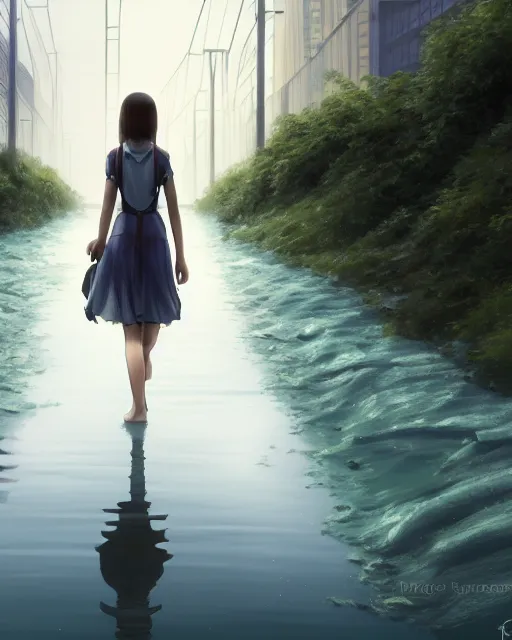 Prompt: photo of girl walking along train tracks that are submerged under a few inches of reflective water toward a station in the distance, wide horizon, large white clouds, intricate, elegant, highly detailed, digital painting, artstation, concept art, smooth, sharp focus, illustration, art by artgerm and greg rutkowski and fra angelico