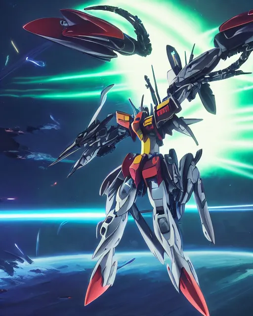 Image similar to highly detailed vfx portrait of gundam deathscythe hell fighting gundam epyon in space beam saber clash energy beams explosions, unreal engine, greg rutkowski, loish, rhads, beeple, makoto shinkai and lois van baarle, ilya kuvshinov, rossdraws, tom bagshaw, alphonse mucha, global illumination, detailed and intricate environment