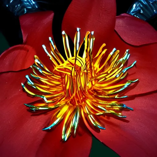 Image similar to a tiger lily flower that is cybertronic, made of metal, shiny and reflective