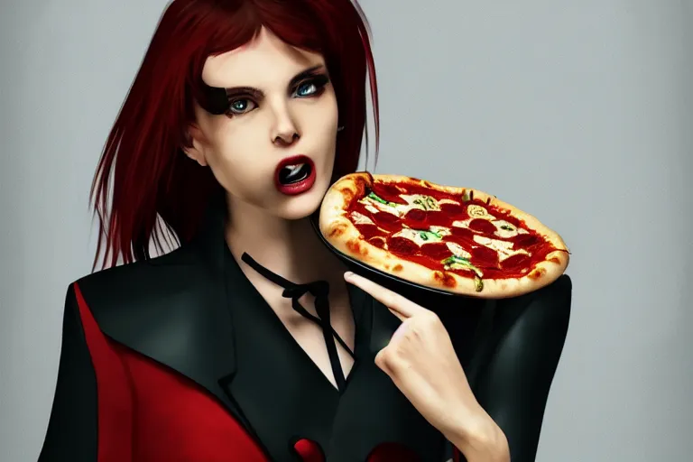 Image similar to A vampire eating a delicious pizza, studio portrait, dramatic lighting, trending on artstation