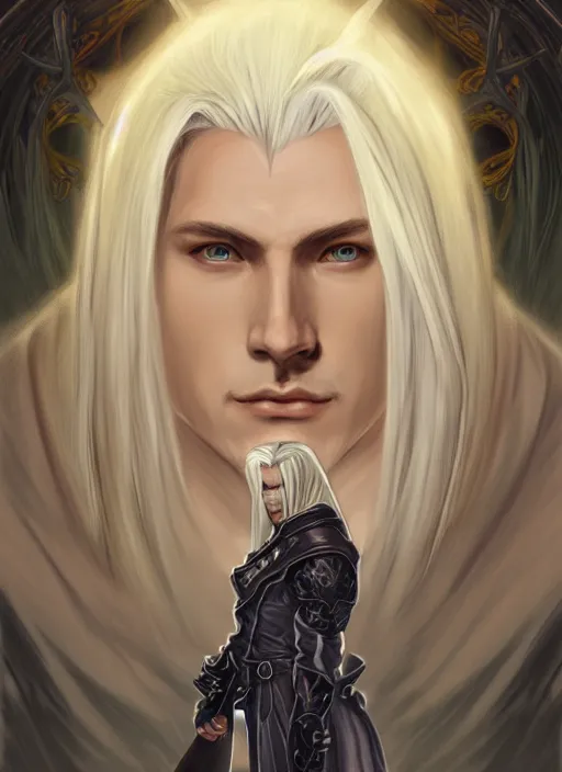 Prompt: centered portrait, Sephiroth as a male D&D Ranger, blonde hair, Art Nouveau, beautiful retro Fantasy heroine 1985, intricate, elegant, highly detailed, centered, digital painting, trending on artstation, concept art, smooth, sharp focus, illustration, art by raphael lacoste, eddie mendoza, Mucha, alex ross, WLOP