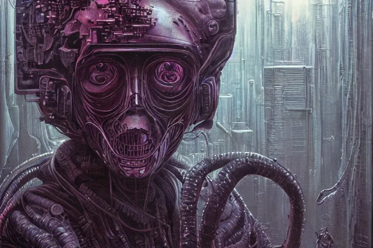 Image similar to highly detailed concept art of neuromancer characters, dystopian post - apocalyptic retrofuturistic neon vibe, an ultrafine detailed painting by hans giger and wayne barlowe, trending on deviantart, pop surrealism, whimsical, lowbrow, perfect symmetrical face, sharp focus, octane, masterpiece