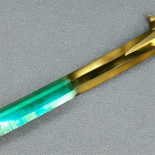 Image similar to photograph of a large green and teal crystal sword with a gold sword hilt