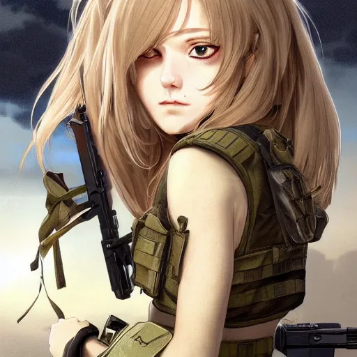 Image similar to soldier girl, british army, anime style, long hair, hair down, symmetrical facial features, girls frontline cg, hyper realistic, pale skin, 4 k, rule of thirds, extreme detail, detailed drawing, trending artstation, hd, backpack, d & d, realistic anatomy, by alphonse mucha, greg rutkowski, sharp focus, backlit