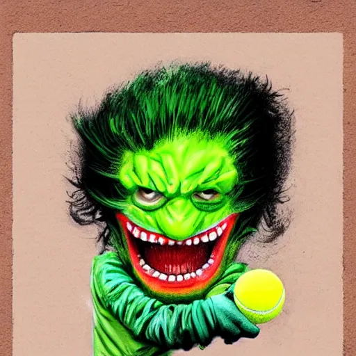 Prompt: a tennis ball monster ,tennis ball, joker, chalk, digital art, fantasy, magic, trending on artstation, ultra detailed, professional illustration by Basil Gogos